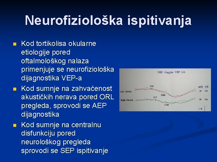 Neurofiziološka ispitivanja n n n Kod tortikolisa okularne etiologije pored oftalmološkog nalaza primenjuje se