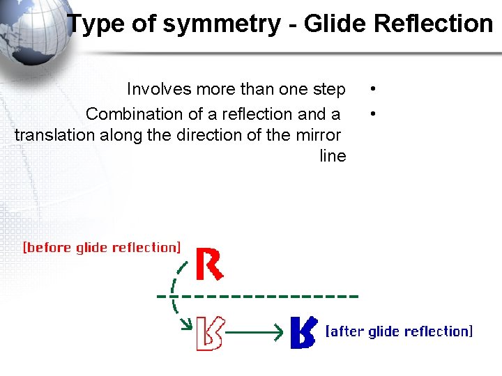 Type of symmetry - Glide Reflection Involves more than one step Combination of a