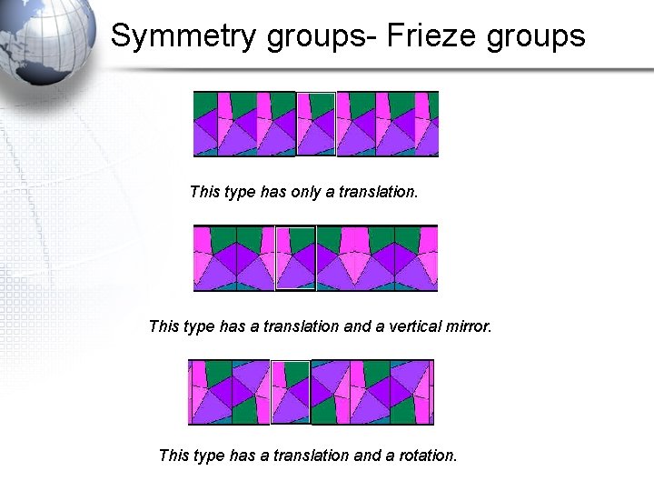 Symmetry groups- Frieze groups Examples • This type has only a translation. This type