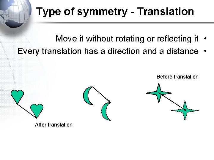 Type of symmetry - Translation Move it without rotating or reflecting it • Every