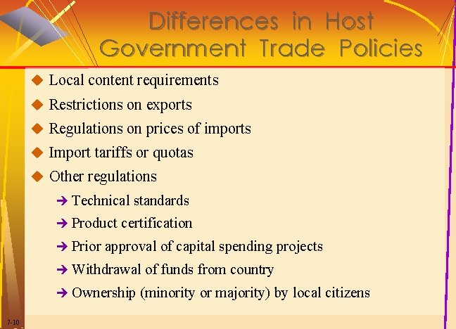 Differences in Host Government Trade Policies u Local content requirements u Restrictions on exports Differences in Host Government Trade Policies u Local content requirements u Restrictions on exports
