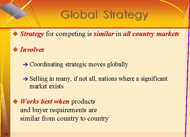 Global Strategy u Strategy for competing is similar in all country markets u Involves Global Strategy u Strategy for competing is similar in all country markets u Involves
