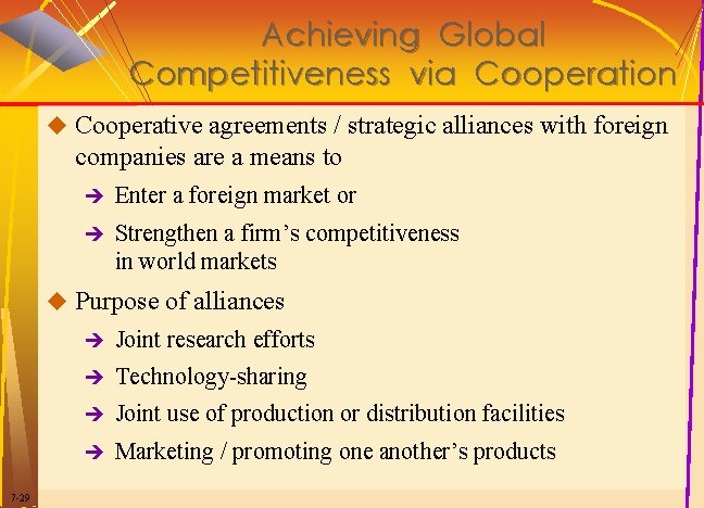 Achieving Global Competitiveness via Cooperation u Cooperative agreements / strategic alliances with foreign companies Achieving Global Competitiveness via Cooperation u Cooperative agreements / strategic alliances with foreign companies