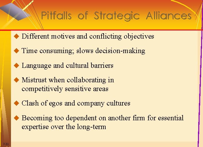 Pitfalls of Strategic Alliances u Different motives and conflicting objectives u Time consuming; slows Pitfalls of Strategic Alliances u Different motives and conflicting objectives u Time consuming; slows