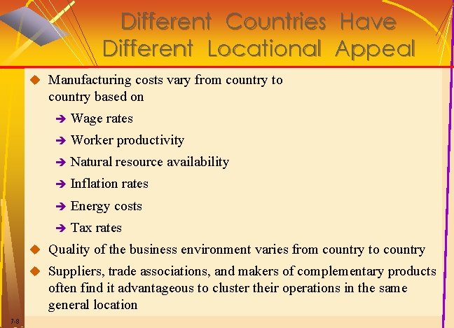 Different Countries Have Different Locational Appeal u Manufacturing costs vary from country to country Different Countries Have Different Locational Appeal u Manufacturing costs vary from country to country