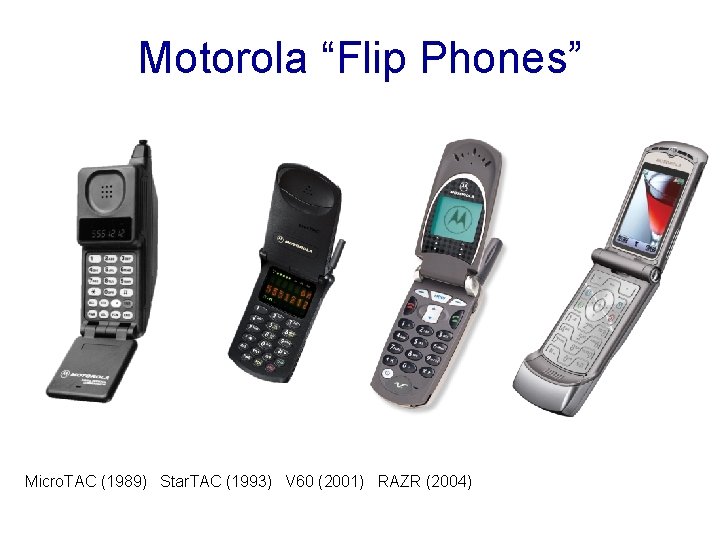 Motorola “Flip Phones” Micro. TAC (1989) Star. TAC (1993) V 60 (2001) RAZR (2004)