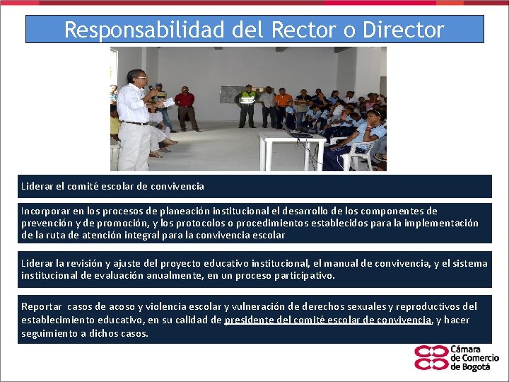 Responsabilidad del Rector o Director Liderar el comité escolar de convivencia Incorporar en los