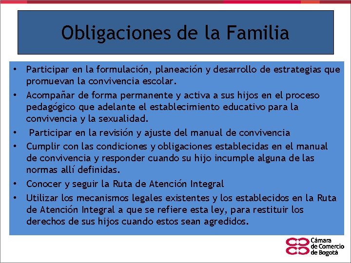 Obligaciones de la Familia • Participar en la formulación, planeación y desarrollo de estrategias