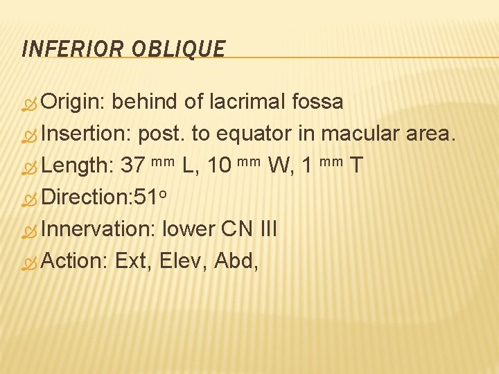 INFERIOR OBLIQUE Origin: behind of lacrimal fossa Insertion: post. to equator in macular area.