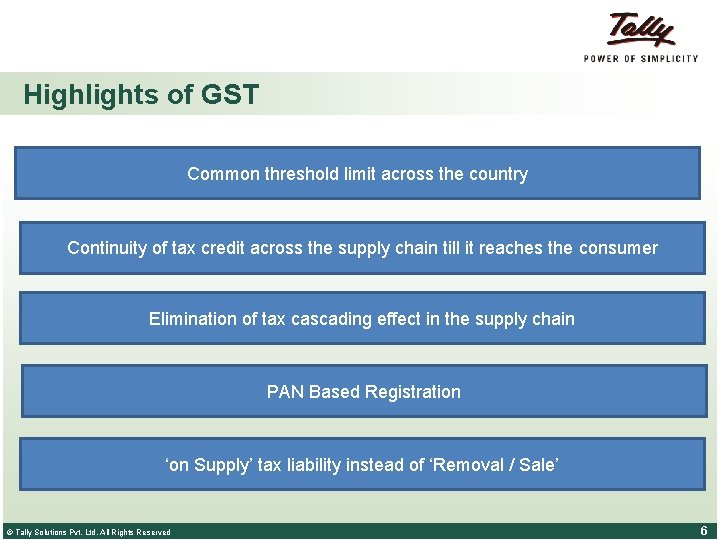 Highlights of GST Common threshold limit across the country Continuity of tax credit across