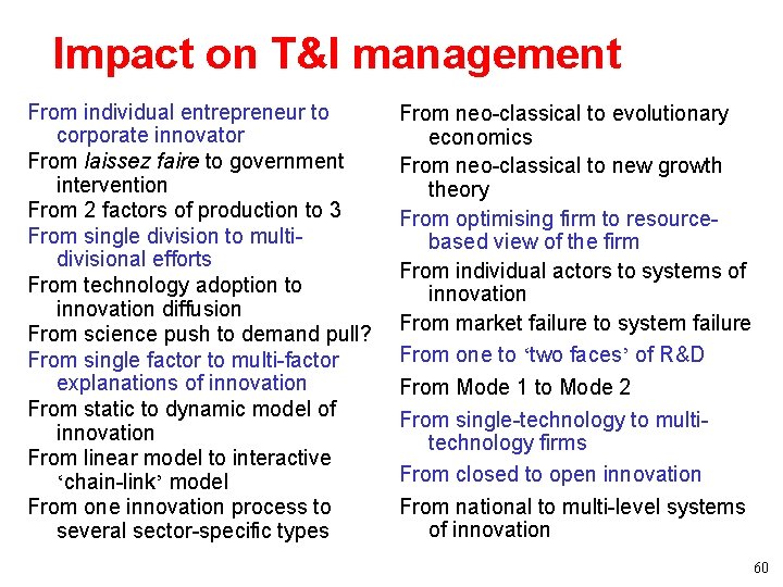 Impact on T&I management From individual entrepreneur to corporate innovator From laissez faire to Impact on T&I management From individual entrepreneur to corporate innovator From laissez faire to