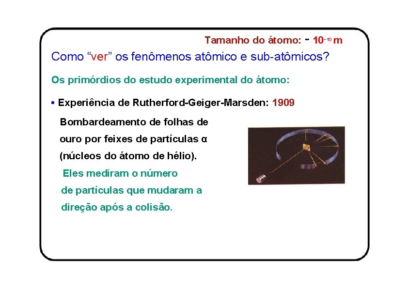 Tamanho do átomo: ∼ 10− 10 m Como “ver” os fenômenos atômico e sub-atômicos?