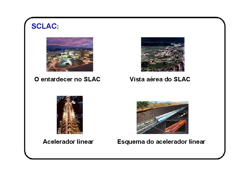 SCLAC: O entardecer no SLAC Vista aérea do SLAC Acelerador linear Esquema do acelerador