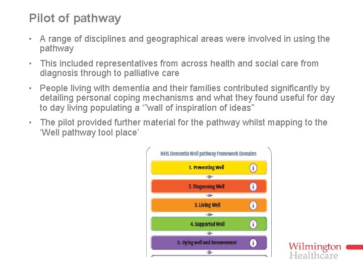 Pilot of pathway • A range of disciplines and geographical areas were involved in