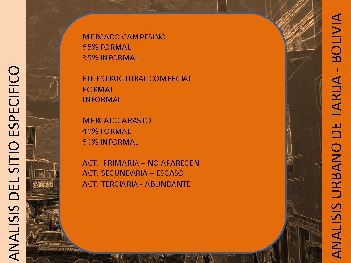 EJE ESTRUCTURAL COMERCIAL FORMAL INFORMAL MERCADO ABASTO 40% FORMAL 60% INFORMAL ACT. PRIMARIA – EJE ESTRUCTURAL COMERCIAL FORMAL INFORMAL MERCADO ABASTO 40% FORMAL 60% INFORMAL ACT. PRIMARIA –