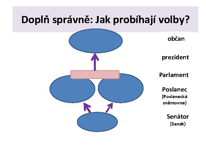 Doplň správně: Jak probíhají volby? občan prezident Parlament Poslanec (Poslanecká sněmovna) Senátor (Senát) 