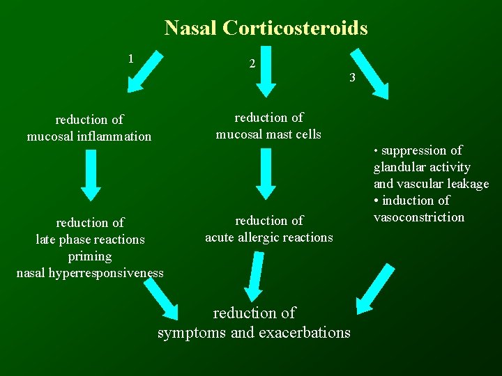 Nasal Corticosteroids 1 2 3 reduction of mucosal mast cells reduction of mucosal inflammation