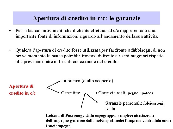 Apertura di credito in c/c: le garanzie • Per la banca i movimenti che