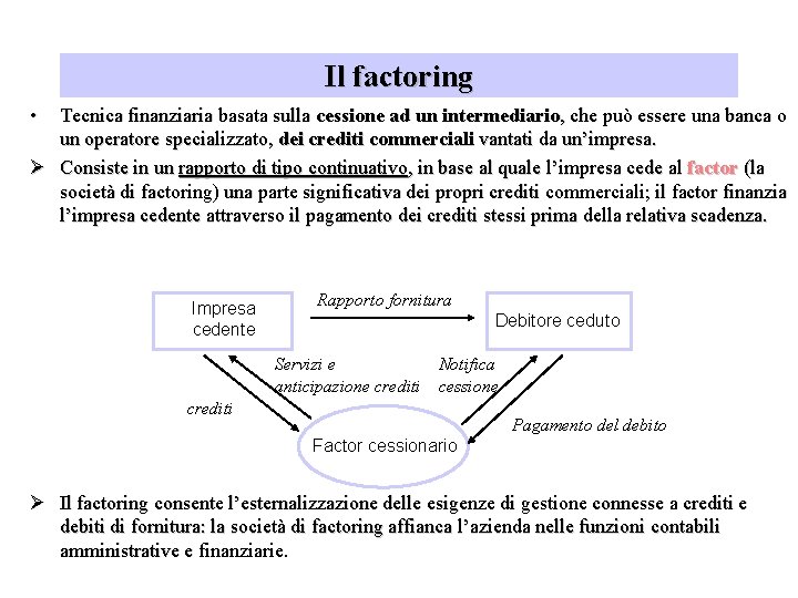 Il factoring • Tecnica finanziaria basata sulla cessione ad un intermediario, che può essere