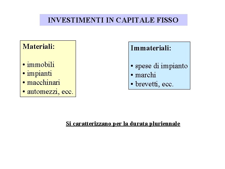 INVESTIMENTI IN CAPITALE FISSO Materiali: Immateriali: • immobili • impianti • macchinari • automezzi,