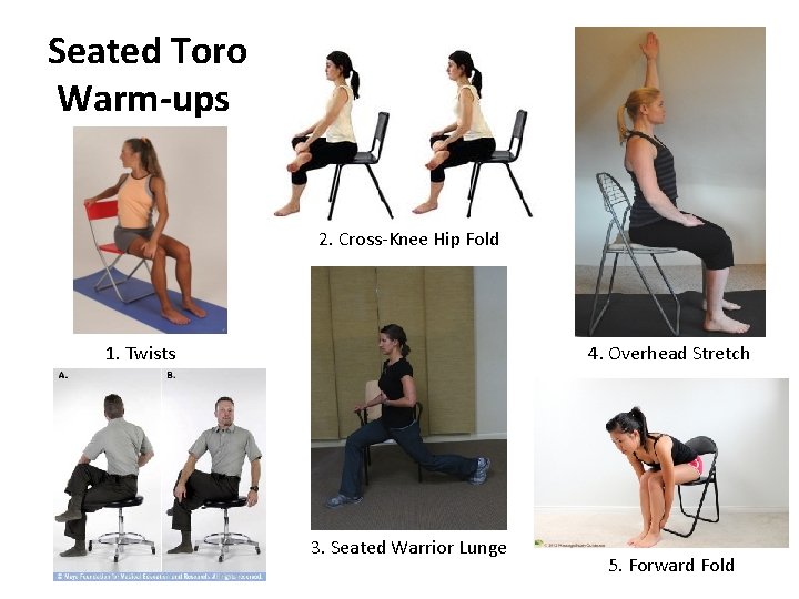 Seated Toro Warm-ups 2. Cross-Knee Hip Fold 4. Overhead Stretch 1. Twists 3. Seated