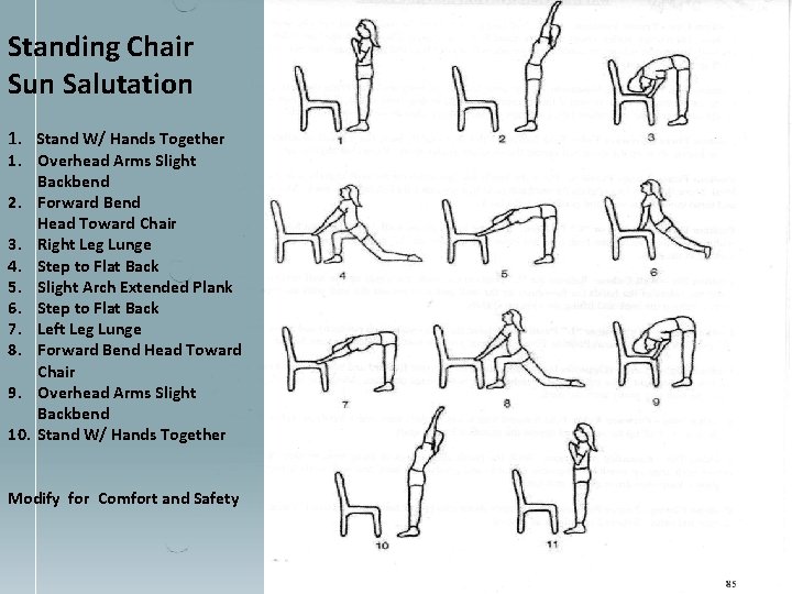 Standing Chair Sun Salutation 1. Stand W/ Hands Together 1. Overhead Arms Slight Backbend