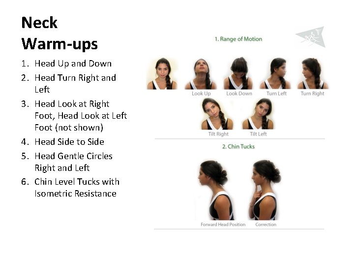 Neck Warm-ups 1. Head Up and Down 2. Head Turn Right and Left 3.