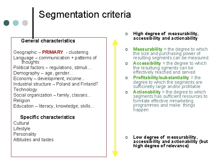 Segmentation criteria ¢ High degree of measurability, accessibility and actionability ¢ Measurability = the