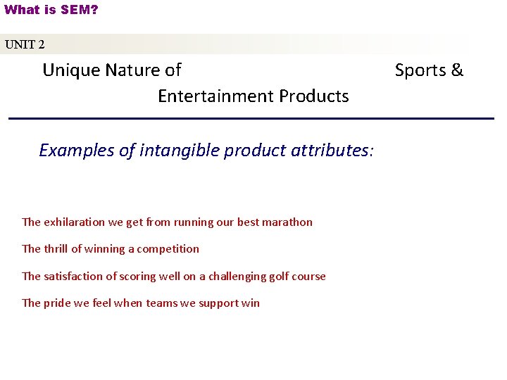 What is SEM? UNIT 2 Unique Nature of Entertainment Products Examples of intangible product