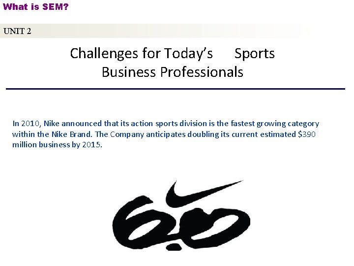 What is SEM? UNIT 2 Challenges for Today’s Sports Business Professionals In 2010, Nike