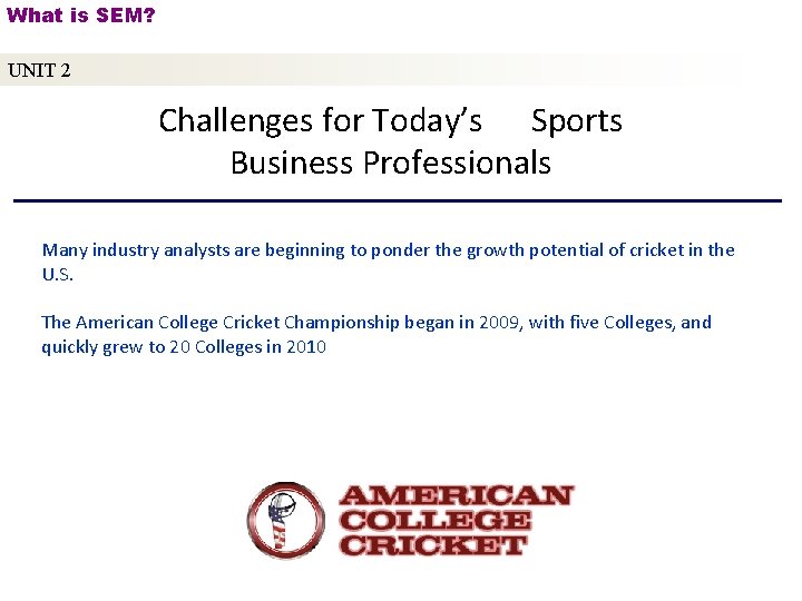 What is SEM? UNIT 2 Challenges for Today’s Sports Business Professionals Many industry analysts