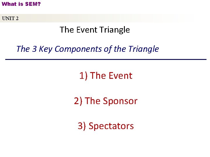 What is SEM? UNIT 2 The Event Triangle The 3 Key Components of the