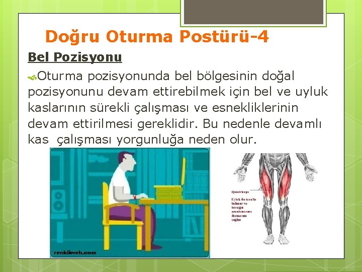 Doğru Oturma Postürü-4 Bel Pozisyonu Oturma pozisyonunda bel bölgesinin doğal pozisyonunu devam ettirebilmek için