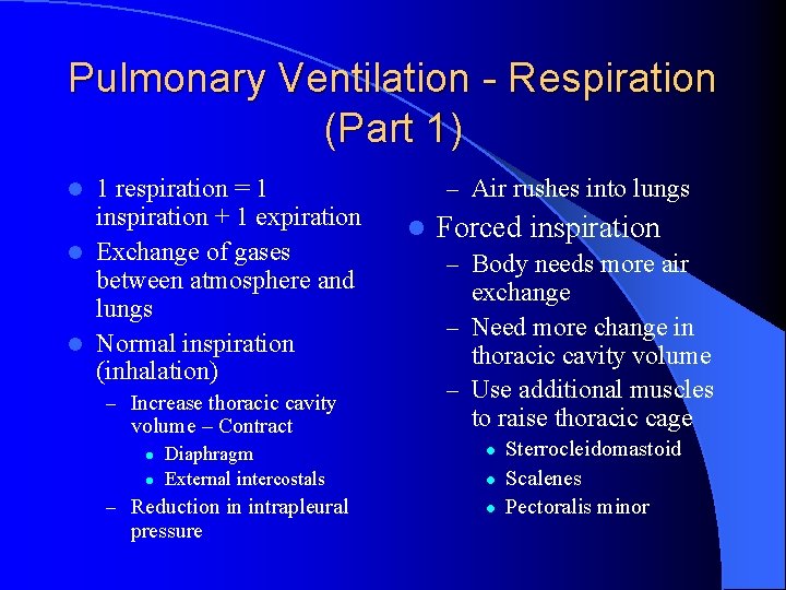 Pulmonary Ventilation - Respiration (Part 1) 1 respiration = 1 inspiration + 1 expiration