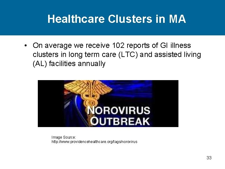 Healthcare Clusters in MA • On average we receive 102 reports of GI illness