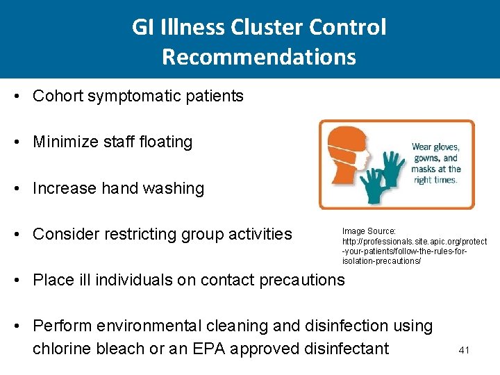 GI Illness Cluster Control Recommendations • Cohort symptomatic patients • Minimize staff floating •