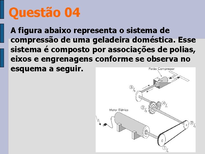 Questão 04 A figura abaixo representa o sistema de compressão de uma geladeira doméstica. Questão 04 A figura abaixo representa o sistema de compressão de uma geladeira doméstica.