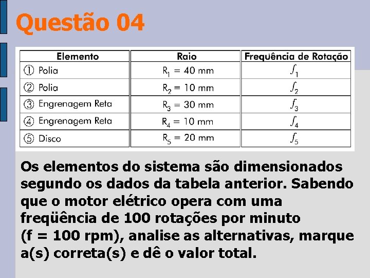 Questão 04 Os elementos do sistema são dimensionados segundo os dados da tabela anterior.