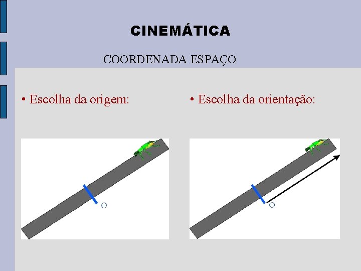 CINEMÁTICA COORDENADA ESPAÇO • Escolha da origem: • Escolha da orientação: 