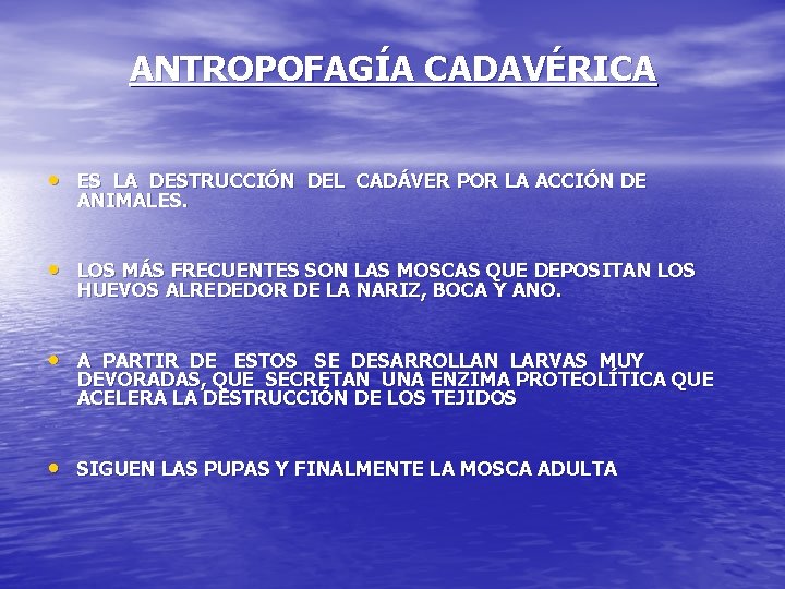 ANTROPOFAGÍA CADAVÉRICA • ES LA DESTRUCCIÓN DEL CADÁVER POR LA ACCIÓN DE ANIMALES. •