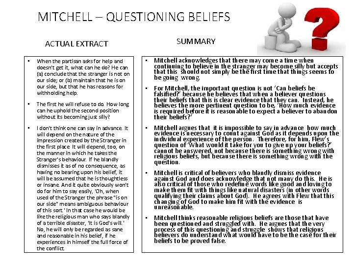 MITCHELL – QUESTIONING BELIEFS ACTUAL EXTRACT • When the partisan asks for help and