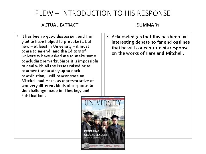 FLEW – INTRODUCTION TO HIS RESPONSE ACTUAL EXTRACT • It has been a good