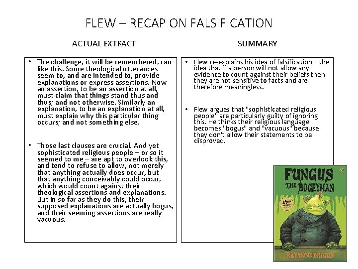 FLEW – RECAP ON FALSIFICATION ACTUAL EXTRACT • The challenge, it will be remembered,