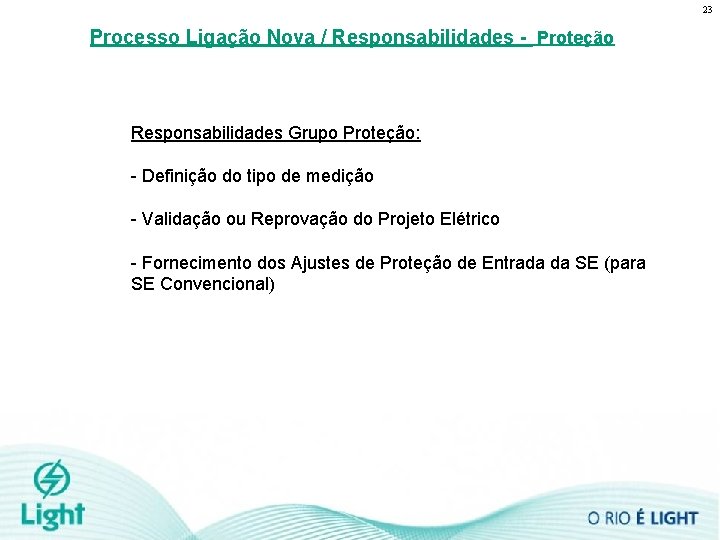 23 Processo Ligação Nova / Responsabilidades - Proteção Responsabilidades Grupo Proteção: - Definição do