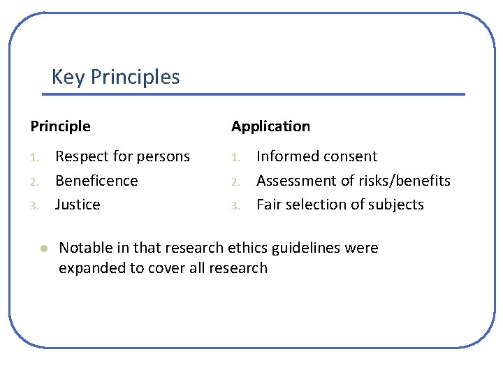 Key Principles Principle Respect for persons Beneficence Justice 1. 2. 3. l Application 1. Key Principles Principle Respect for persons Beneficence Justice 1. 2. 3. l Application 1.