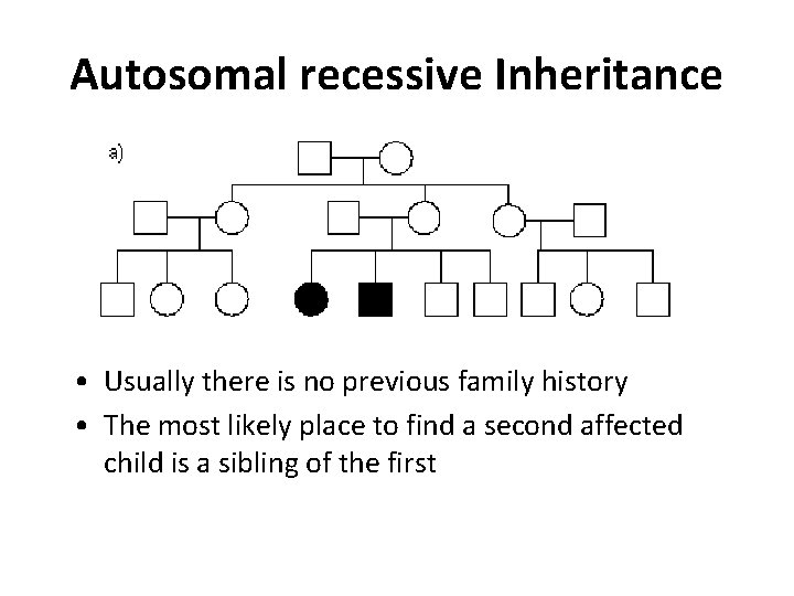 Autosomal recessive Inheritance • Usually there is no previous family history • The most