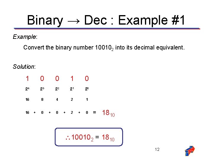 Binary → Dec : Example #1 Example: Convert the binary number 100102 into its