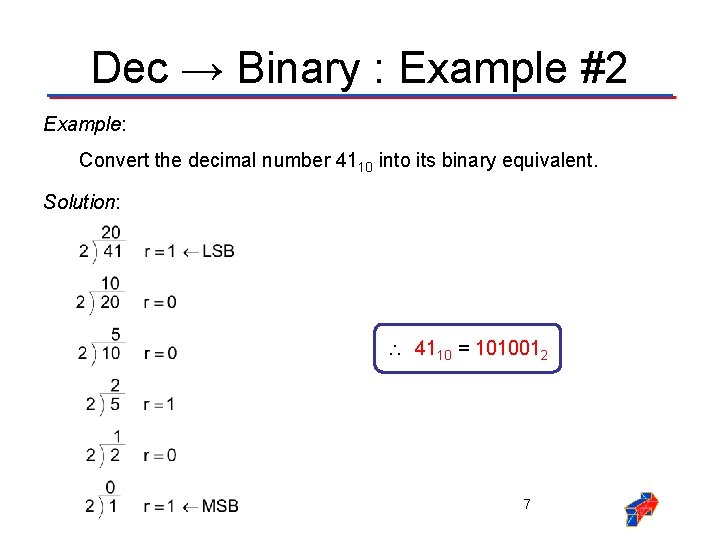 Dec → Binary : Example #2 Example: Convert the decimal number 4110 into its