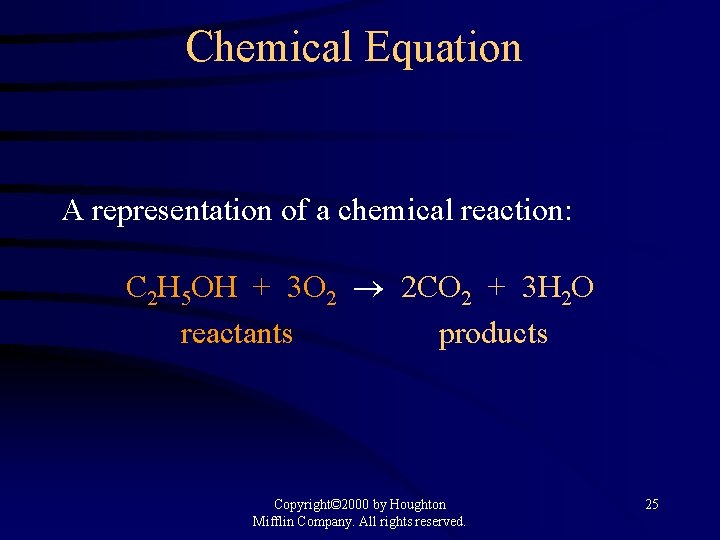 Chemical Equation A representation of a chemical reaction: C 2 H 5 OH +