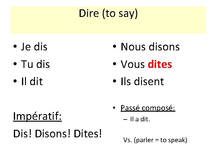 Dire (to say) • Je dis • Tu dis • Il dit Impératif: Dis!